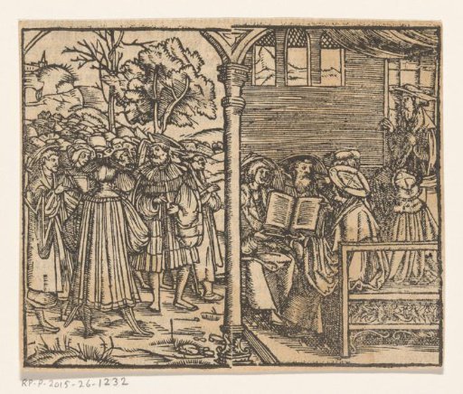 Crowd outdoors and an interior with a ruler on his throne