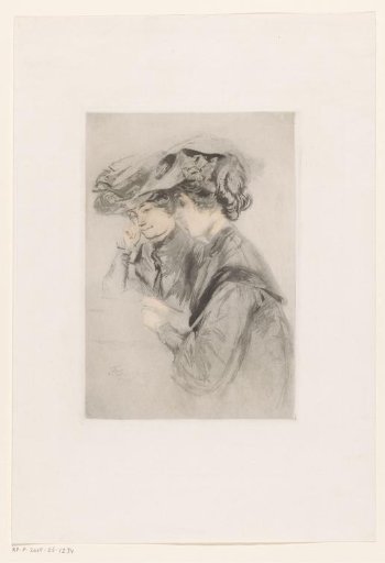 Two reading women with hats