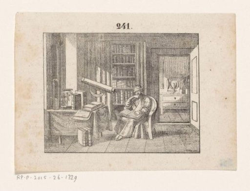 Scholar in a study with a telescope