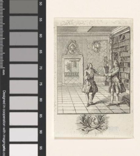 Two men before a bookcase