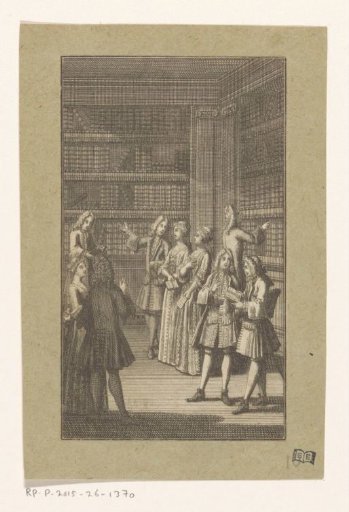 Nine men and women in a library