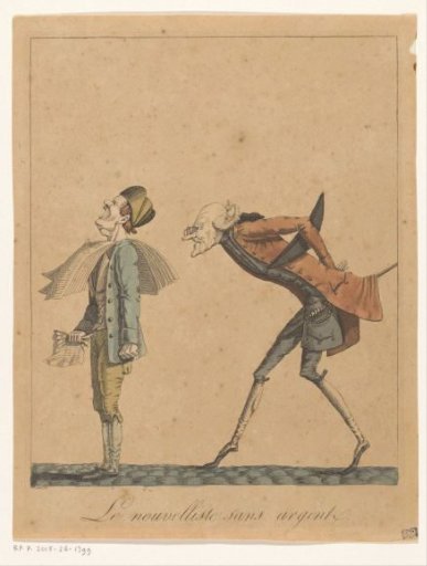 Man attempting to read the newspaper from the back of a newsboy