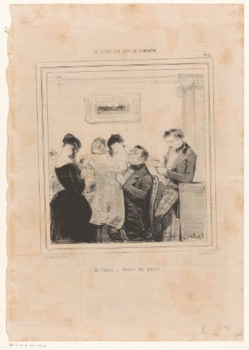 Interior with men and women reading the newspaper