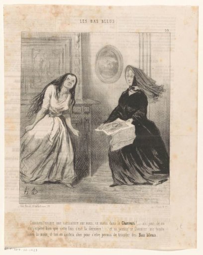 Two women discover a caricature in 'Le Charivari'