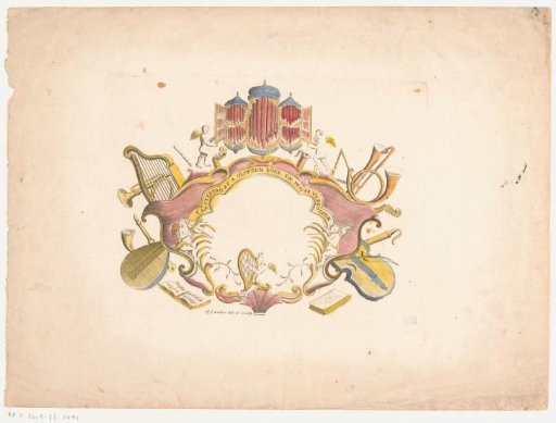 Cartouche decorated with musical instruments.
