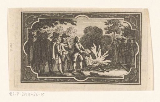 Burning of the book De vera Religione by Johannes Volkelius in the Amsterdam Stadstimmertuin in 1642