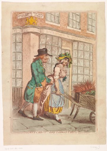 Woman with a wheelbarrow of carrots in front of the shop window of bookseller Robert Faulder in London