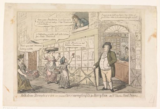 Strawberry sellers in front of the shop window of publisher Samuel W. Fores in London