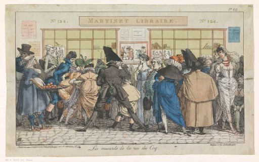 Crowd before the shop window of publisher Aaron Martinet in the Rue du Coq in Paris