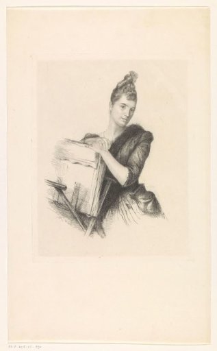 Woman with Her Hands Resting on a Portfolio in a Print Stand