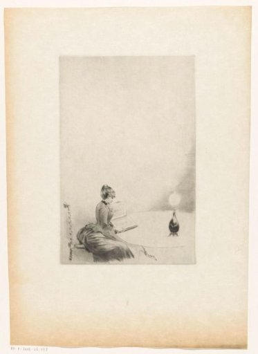 Seated woman with an album at a table