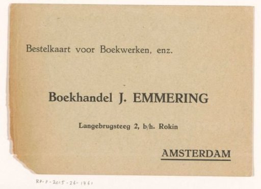 Order card of bookshop J. Emmering in Amsterdam