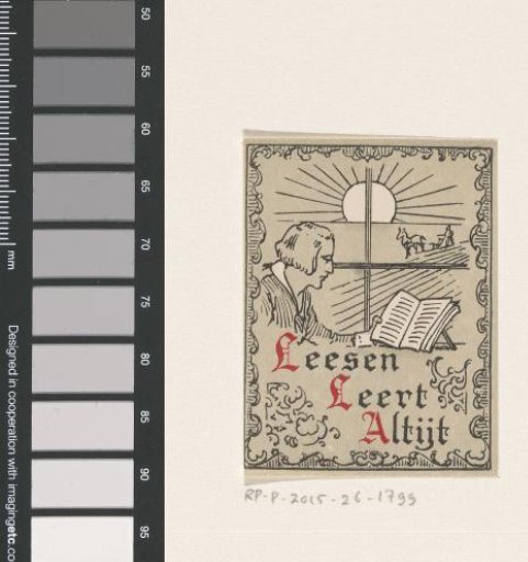 Ex libris with a reading man before a window