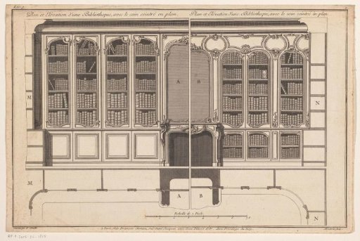 Design and floor plan of a library with a fireplace mantel