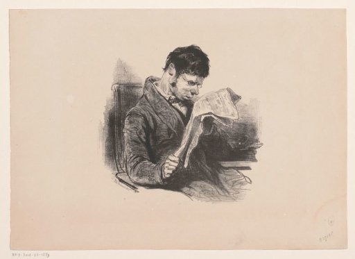 Man in a dressing gown, reading the newspaper