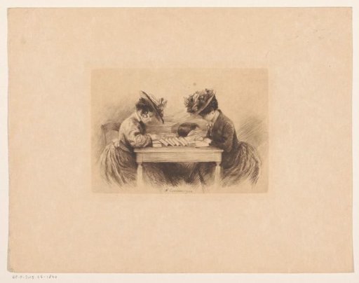 Two women with hats at a writing desk
