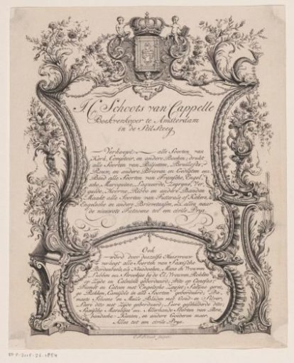 Advertisement for Jacobus Cornelius Schoots van Cappelle, bookseller in Amsterdam