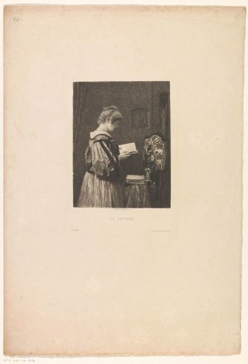 Standing woman in an interior, reading a book