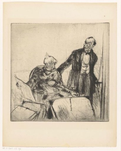 Seated print collector surrounded by portfolios, with a standing man beside him