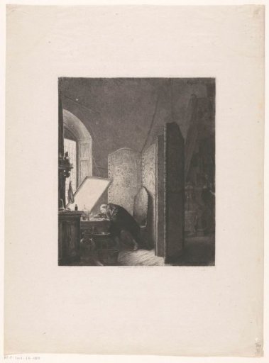 Rembrandt etching in his studio
