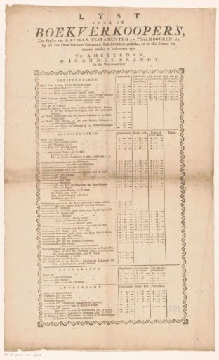 Price list of Bibles available from Johannes Brandt, bookseller in Amsterdam