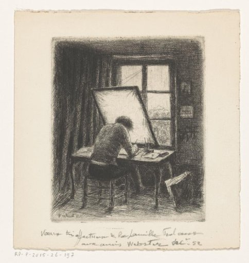 Etcher at work behind his worktable by the window