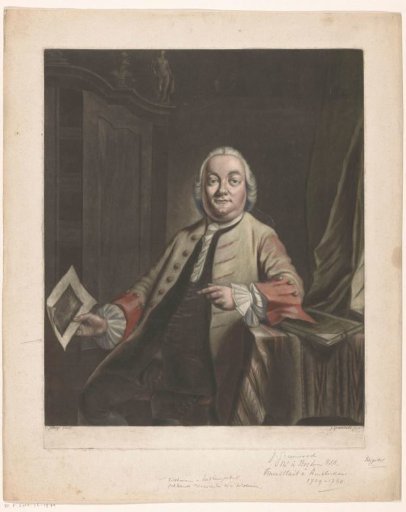 Portrait of Simon Fokke holding the print of the plundering of the house of Gerrit Hagedooren, 1751