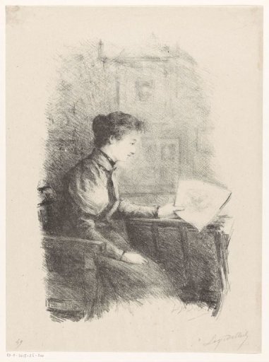 Seated woman looking at a print or drawing, with a print stand in front of her