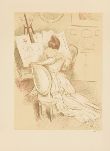 Woman viewing prints in an interior