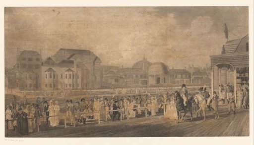 City view with two men on horseback