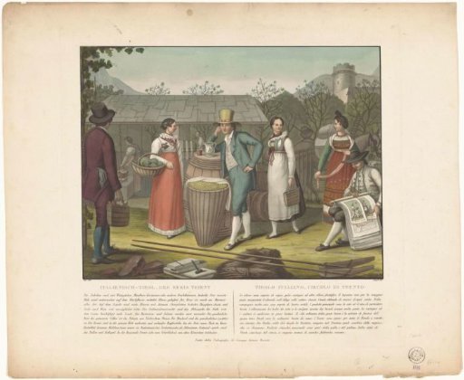 Men and Women in Traditional Dress with Products from the Province of Trente