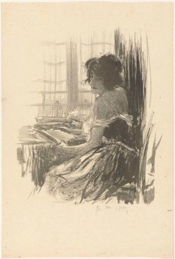 Reading Woman Behind a Table in Front of the Window