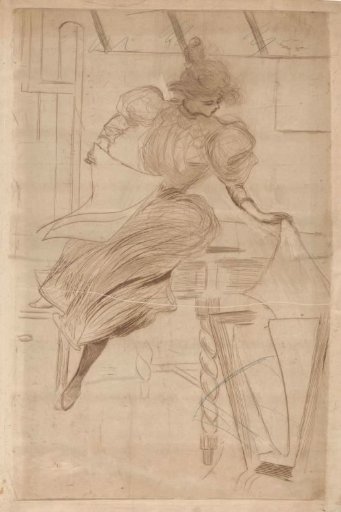 Woman viewing prints in a print stand