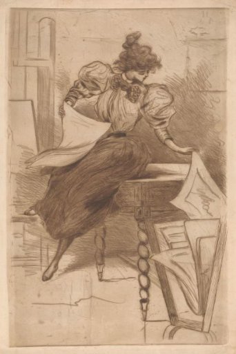 Woman viewing prints in a print stand