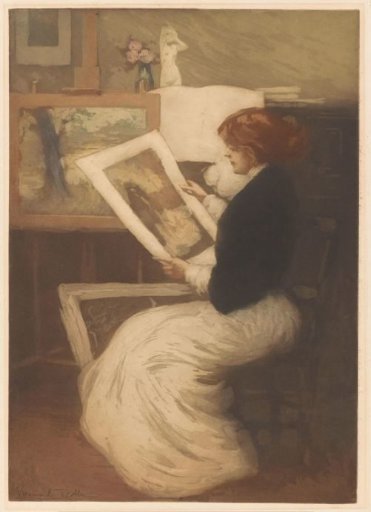 Woman viewing a print
