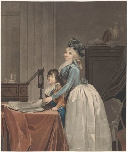 Portrait of Louise Sébastienne Gély with stepson behind an optical mirror
