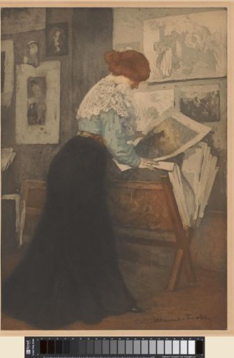 Woman before a print stand