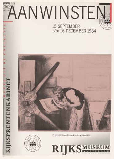 Selection from the Rijksprentenkabinet collection; Acquisitions 15 September to 16 December 1984 Rijksmuseum Amsterdam, right main entrance. 50 years of the F.G. Waller Fund.