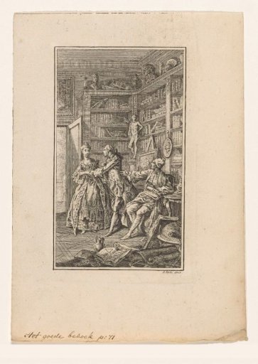 Two men and a woman in a library