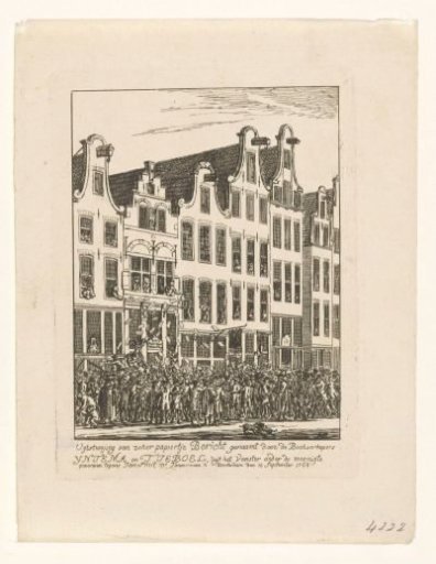 Distributing a pamphlet by the publishers Yntema & Tiboel, 1768