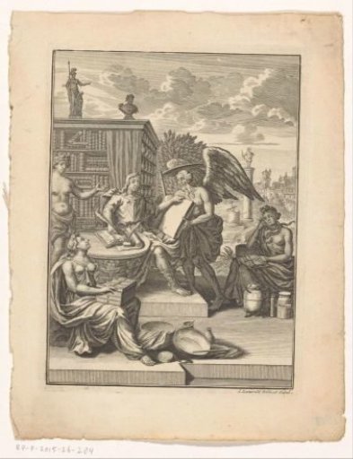 Allegorical representation with a man behind a writing desk