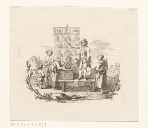 Man displaying prints on a podium