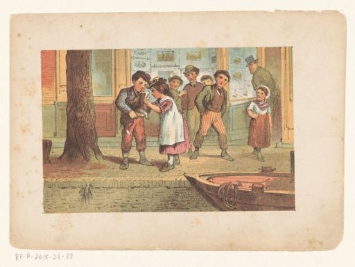 Children Playing with a Dog in Front of a Picture Shop
