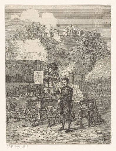 Boy reading in front of a bookstall