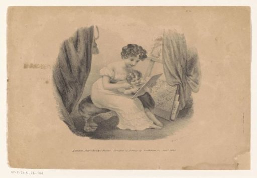 Woman and child looking at a print