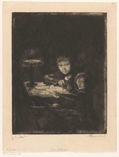 Woman and child drawing at a table, illuminated by a twilight lamp