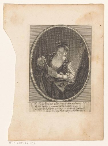 Young woman reading a love letter, her arm resting on a table