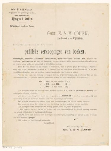 Advertisement by Gebr. E & M. Cohen, auctioneers in Nijmegen