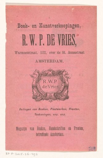 Advertisement for auction house and bookshop R.W.P. de Vries