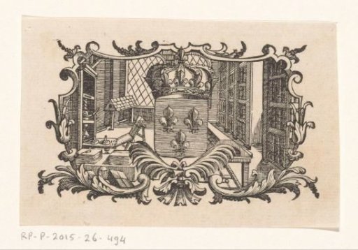 Vignette with the coat of arms of France with printing press and library
